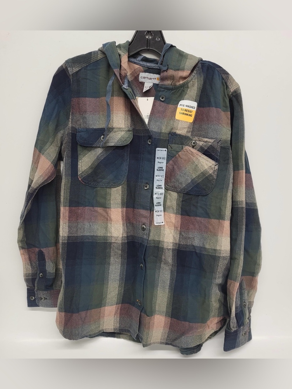 Carhartt Women's Plaid Hooded Button-Up Top in Green, Navy, Pink